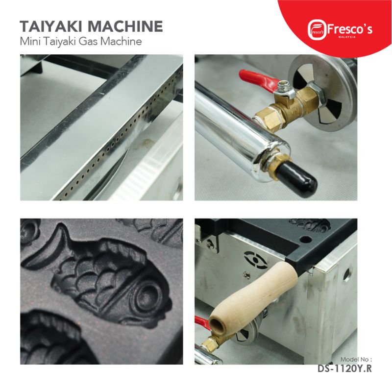 Close-up collage of the Taiyaki Fish Waffle Maker Fish Shape Gas Machine DS-1120Y.R, highlighting its metal parts, control knobs, and fish-shaped mold plates.