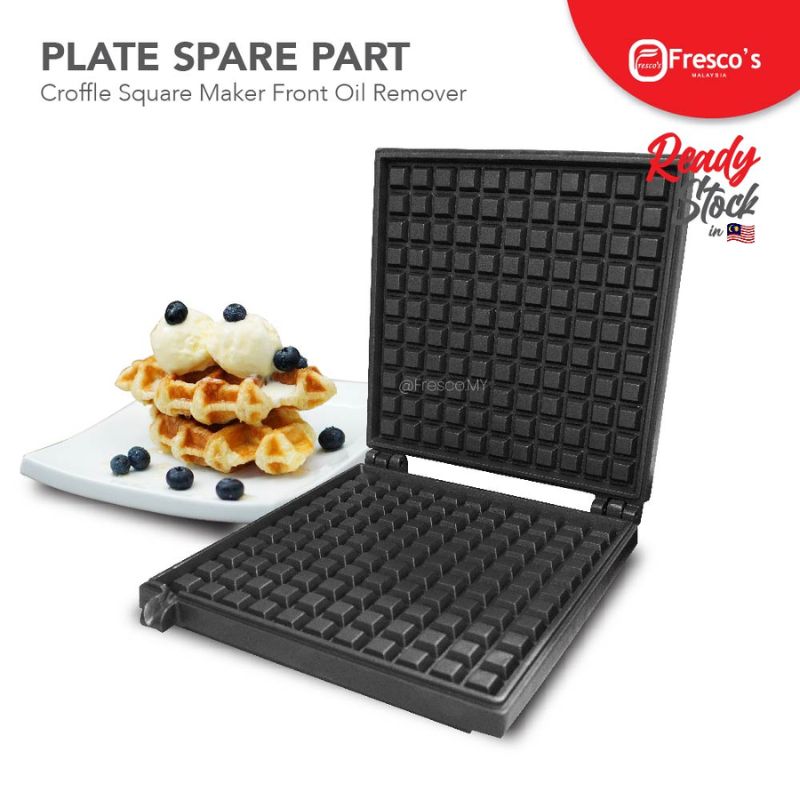 The Plate Spare Part Croffle Square Front Oil Remover is pictured next to waffles with whipped cream and blueberries, featuring Fresco’s branding and product details.