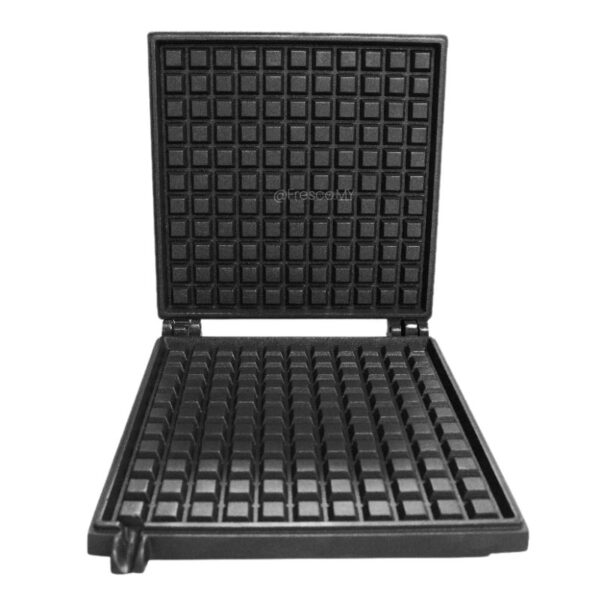 The Plate Spare Part Croffle Square Front Oil Remover is shown open and empty, featuring a grid pattern on both top and bottom plates, set against a white background.