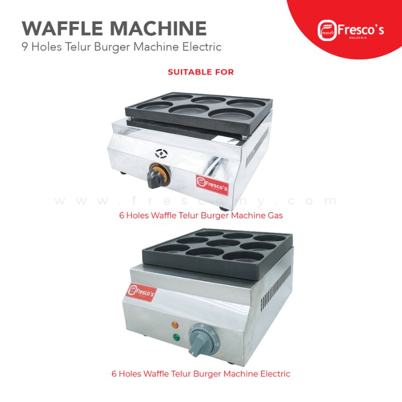 Two 6 Holes Waffle Telur Burger Mould Spare Part Molds—one gas-powered, one electric with control knobs—perfect for making delicious Waffle Telur burgers or as burger moulds.