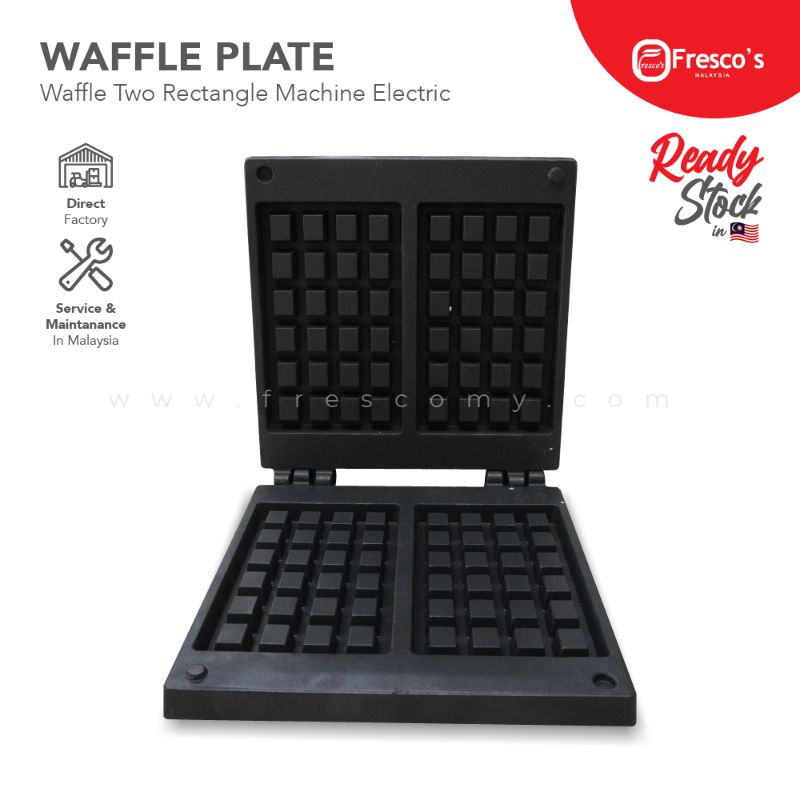 The Waffle Two Rectangle Mould Waffle Spare Part Mold, a black double waffle plate for electric makers, is shown open with two grid sections against a white background.