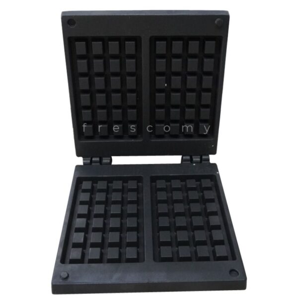 The Waffle Two Rectangle Mould Waffle Spare Part Mold is shown open and upright, featuring two square cooking plates with grid patterns for making delicious waffles. The appliance is empty.