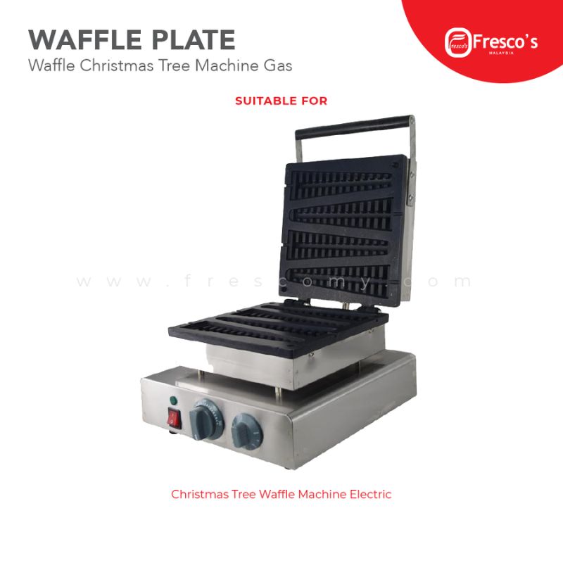Open stainless steel waffle machine displayed on a light background with red product info, shown using the Waffle Plate Christmas Tree Mould Spare Part Mold—compatible with various waffle plates for versatile use.