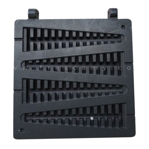 The Waffle Plate Christmas Tree Mould Spare Part Mold is a black rectangular plastic grille with diagonal slats and two top mounting tabs, suitable for ventilation, drainage, or as a replacement part in various applications.