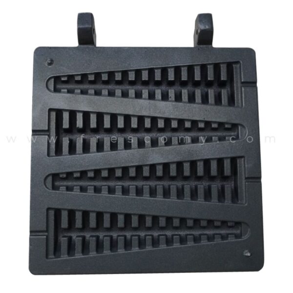 The Waffle Plate Christmas Tree Mould Spare Part Mold is a black, rectangular plastic or rubber drainage grate with diagonal slats, two top mounting brackets, and a waffle plate-inspired design—perfect as a replacement part for diverse uses.