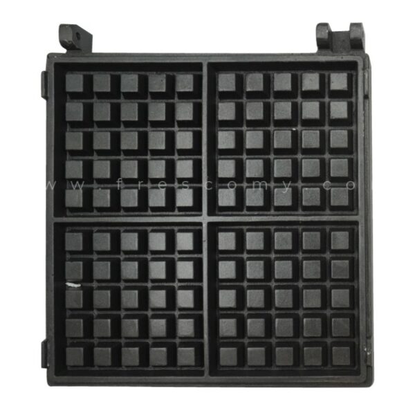 The Waffle Square Deeper Belgian Mould Spare Part Mold is a black, square plate with four waffle sections and a grid pattern—perfect as a replacement Belgian mould for making delicious Waffle Square treats.