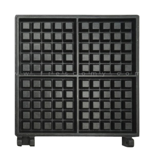 The Waffle Square Deeper Belgian Mould Spare Part Mold is a black, non-stick plate with a four-section grid—ideal as a durable replacement for your waffle maker.