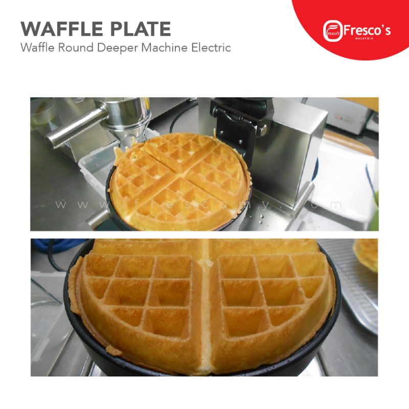 Two images display a round waffle being cooked on an electric waffle maker using the Waffle Plate Round Deeper Plate Mould Spare Part; the golden brown waffle is divided into segments.
