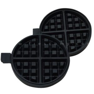 The Waffle Plate Round Deeper Plate Mould Spare Part includes two black round plates with four-section grid patterns and a deeper mould design—ideal as replacement parts for your waffle maker.
