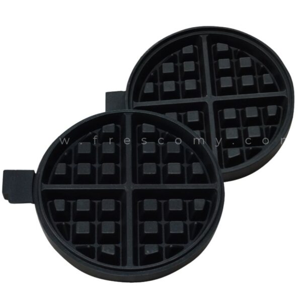 The Waffle Plate Round Deeper Plate Mould Spare Part includes two black round plates with four-section grid patterns and a deeper mould design—ideal as replacement parts for your waffle maker.