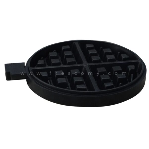 The Waffle Plate Round Deeper Plate Mould Spare Part is a black, round plate with four sections and handle, ideal as a replacement for your waffle maker. Shown from the side against a white background.