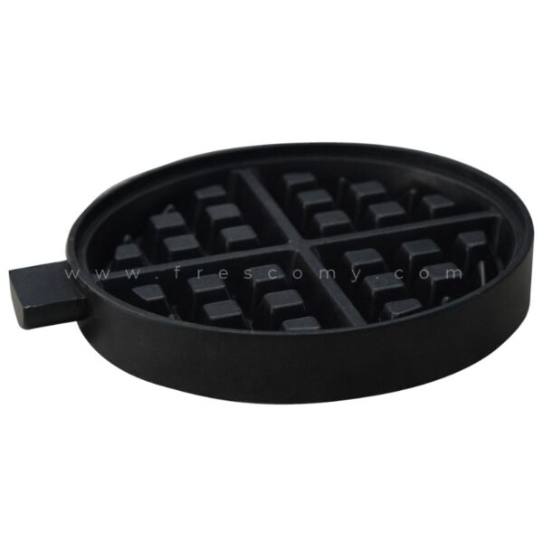 The Waffle Plate Round Deeper Plate Mould Spare Part is a black, round waffle mold with four grid sections and a side handle, designed with deeper plates and shown on a white background.