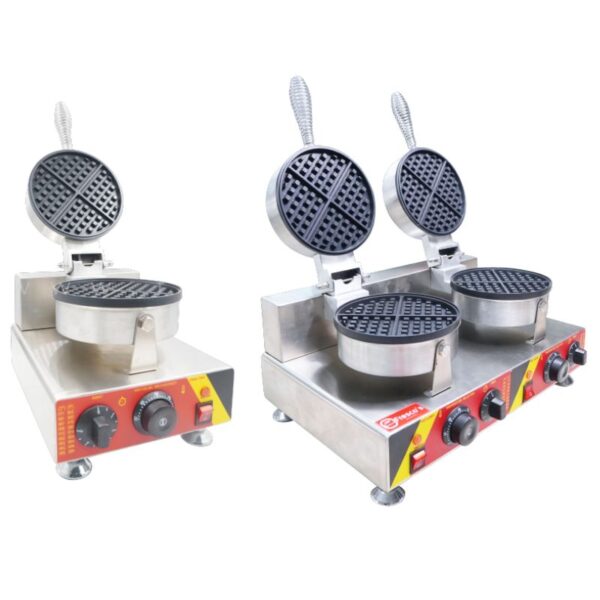 Two Waffle Round Plate Mould Waffle Spare Parts: one single plate and one double plate model, both with control knobs and durable stainless steel bases.