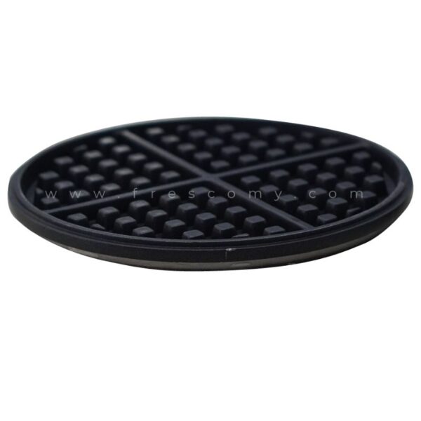 A black, round Waffle Round Plate Mould Waffle Spare Part with four sections, shown from a low angle on a white background.