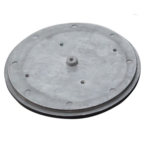 A Waffle Round Plate Mould Waffle Spare Part, a round flat metal disc with a central hole and several smaller holes spaced around it, is shown lying on a white background.