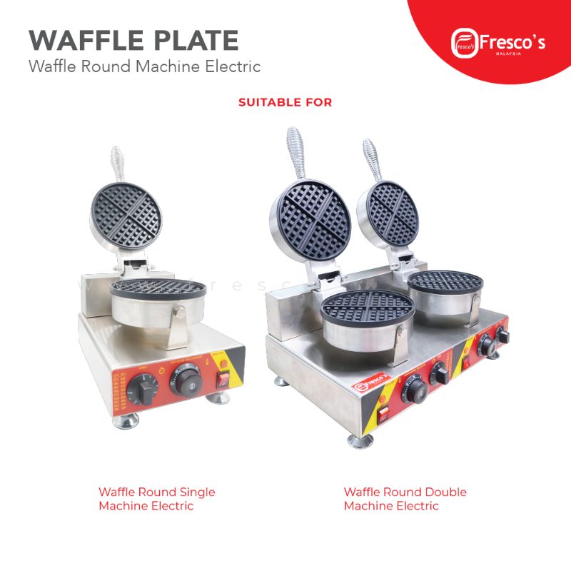 The Waffle Round Plate Mould Waffle Spare Part is displayed with two stainless steel electric waffle makers—one single, one double—showcasing open round plates that function as convenient waffle moulds, all set against a white background.