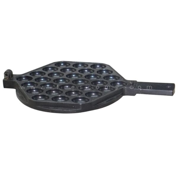 The Egg Bubble Waffle Plate Mould Waffle Spare Part is a black cast iron pan with round molds and a rectangular handle, ideal for making traditional ball-shaped snacks and delicious egg bubble waffles.