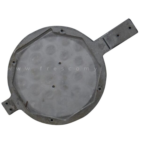 The Egg Bubble Waffle Plate Mould Waffle Spare Part is a round metal tool with a handle and small holes, ideal for making egg bubble waffles, appam, or similar dishes.