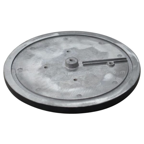 A round metal disc with a hub, small holes, and grooves—displayed on white—used as an Ice Cream Cone Plate Mould Waffle Spare Part in food processing equipment.