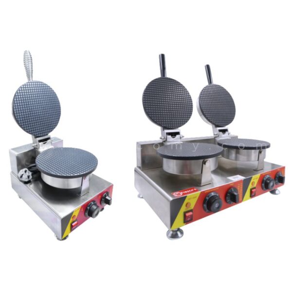 Two Ice Cream Cone Plate Mould Waffle Spare Parts with open griddles, temperature control knobs, and stainless steel bodies are displayed on a white background.