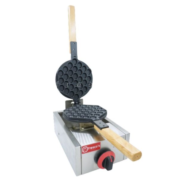 The Egg Bubble Waffle Plate Mould Waffle Spare Part is a round stainless steel mould with wooden handles and bubble-shaped molds, ideal as a replacement part for making bubble waffles.