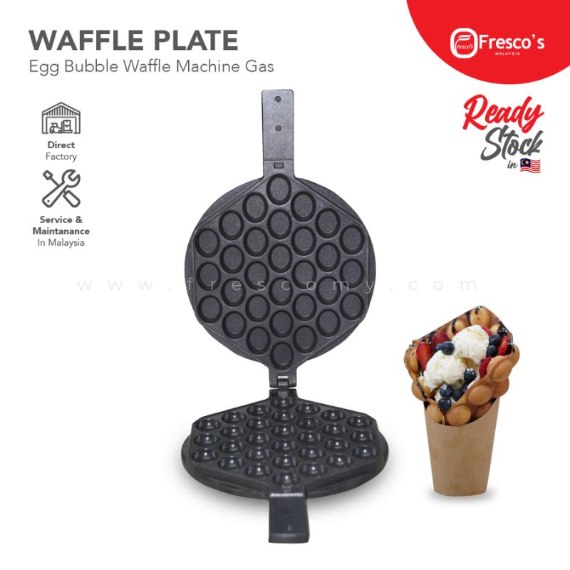 An open Egg Bubble Waffle Plate Mould Waffle Spare Part displays a fresh bubble waffle filled with toppings beside it. Fresco branding and product details stand out, showcasing the unique design of this waffle plate mould.