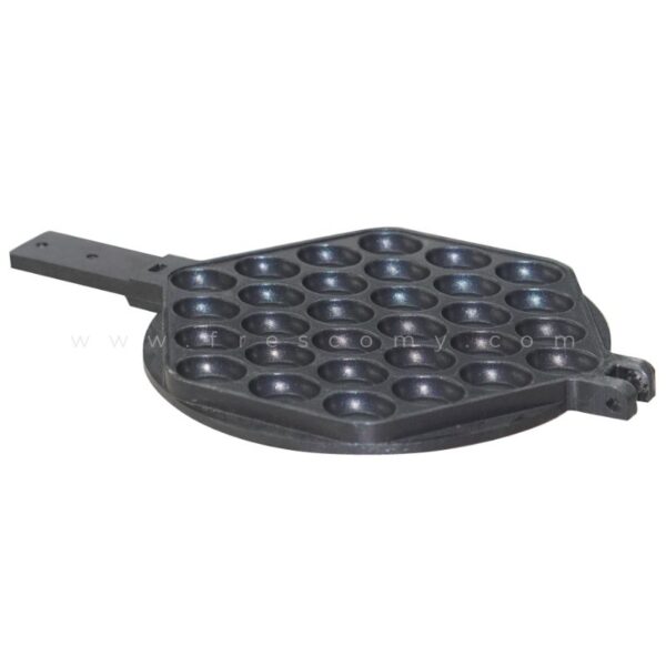 The Egg Bubble Waffle Plate Mould Waffle Spare Part is a black cast iron pan with multiple round moulds and one handle, ideal for making crispy bubble waffles at home.