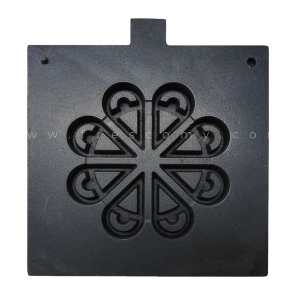 A black metal Waffle Plate Flower Water Tear Mould Spare Part (PLATE-PARTS) featuring a symmetrical floral pattern and a rectangular tab at the top.