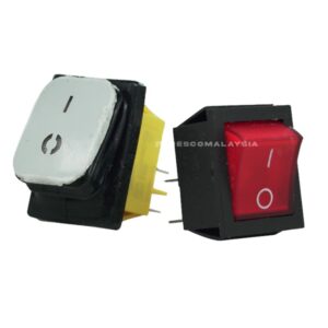 The On Off Switch Machinery Spare Part includes two rocker switches—one white and one red with on/off symbols. Each has visible pins for easy connections, making them essential spare parts for machinery.