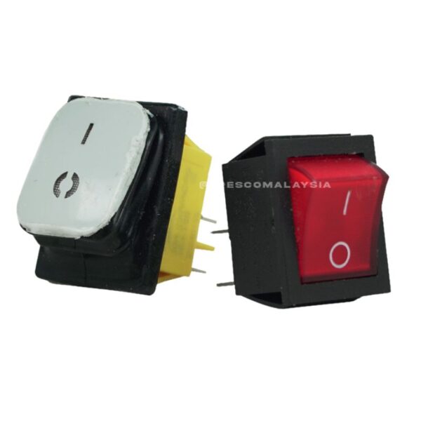 The On Off Switch Machinery Spare Part includes two rocker switches—one white and one red with on/off symbols. Each has visible pins for easy connections, making them essential spare parts for machinery.