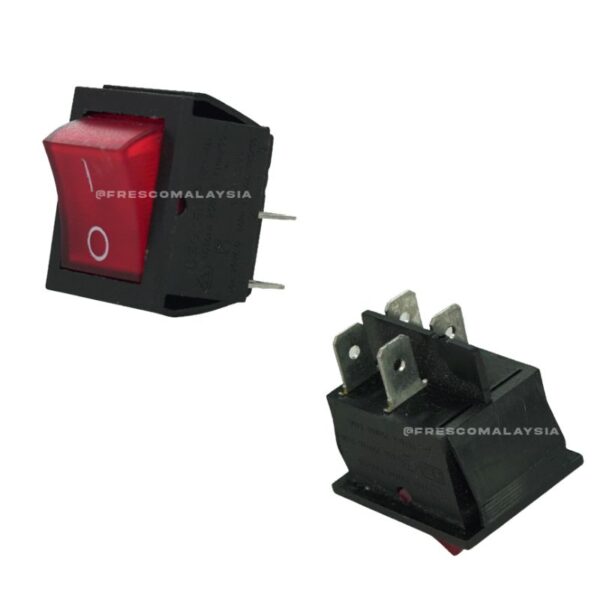 Front and back views of the red On Off Switch Machinery Spare Part—front shows the On/Off symbol, while the back displays three metal terminal connectors.
