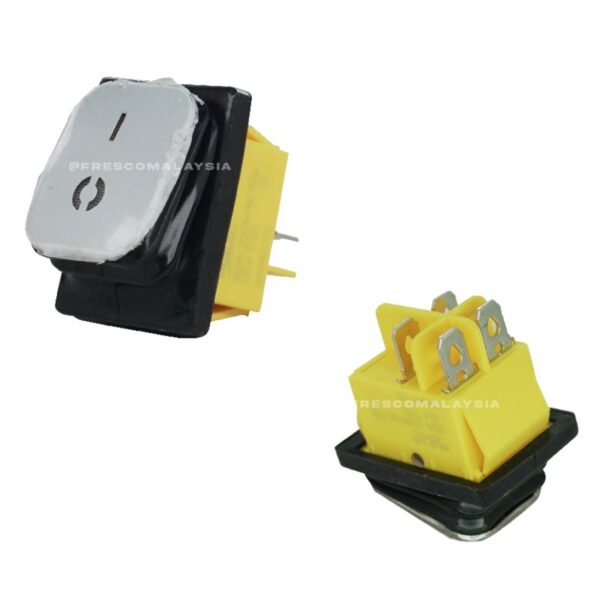 Two views of the On Off Switch Machinery Spare Part in yellow with a black frame, silver terminals, and a power symbol on the button—perfect for machinery.