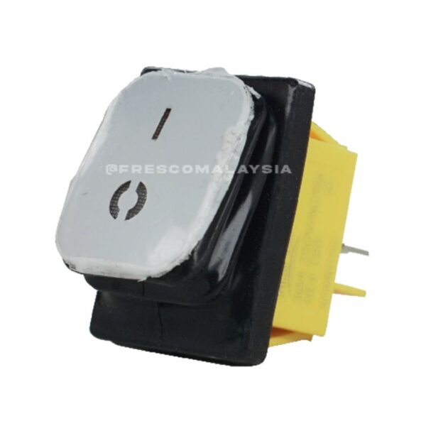 A close-up of the On Off Switch Machinery Spare Part, featuring a black and yellow design with a power symbol on its white top surface, photographed against a white background.