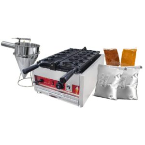 The Mini Pancake 25 Holes Gas set includes a stainless steel batter dispenser, two silver ingredient bags, and two syrup pouches—ideal for making mini pancake treats with its 25-hole design.