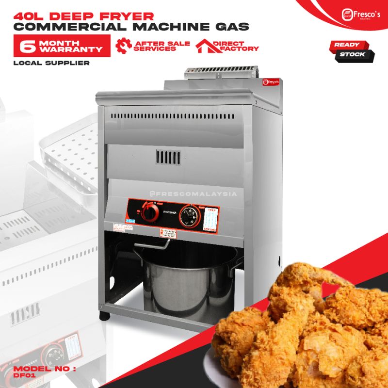The 40L Deep Fryer Standing Gas DF01, featuring control knobs and a fryer basket, is shown with crispy fried chicken and promo text emphasizing warranty and service benefits.