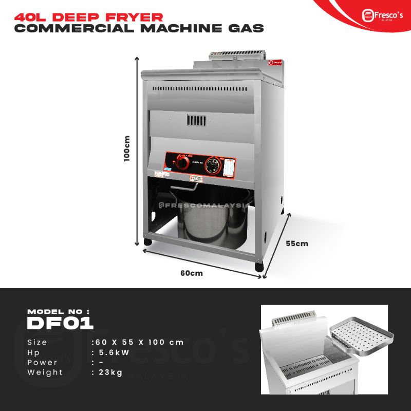 The 40L Deep Fryer Standing Gas DF01 (60x55x100 cm), featuring a removable basket and control knobs, is an ideal choice for any busy kitchen.