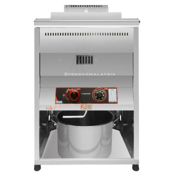 A commercial stainless steel soya bean milk maker with control dials stands beside the 40L Deep Fryer Standing Gas DF01, which features a large metal container below for collecting liquid.