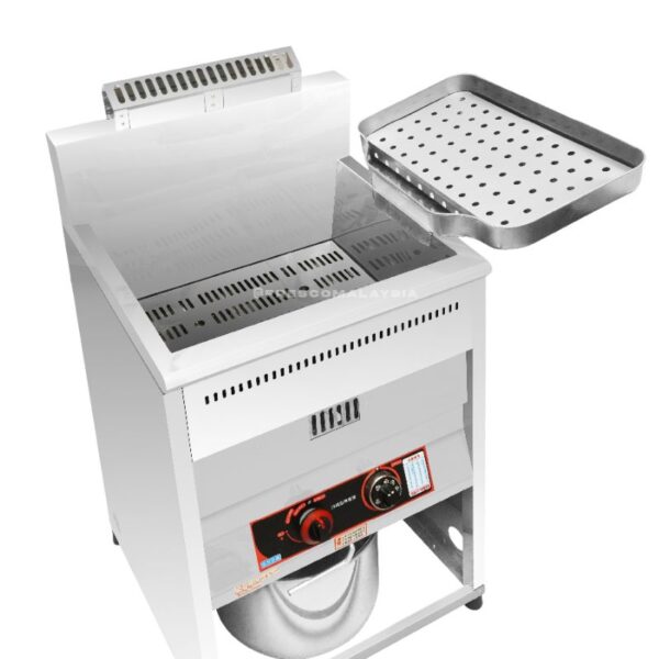 The 40L Deep Fryer Standing Gas DF01 features stainless steel construction, a control knob, drip tray, and vented backsplash—making it perfect for commercial kitchens.