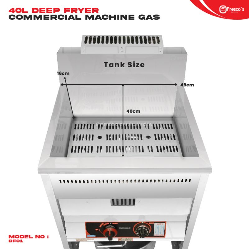 The 40L Deep Fryer Standing Gas DF01 features labeled tank dimensions of 16cm (height), 40cm (width), and 49cm (length), with a control knob and model number DF01 displayed on the front.