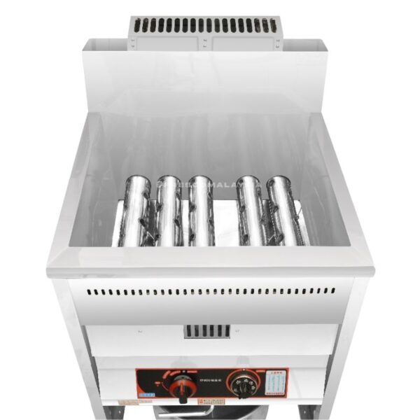 Pair the 40L Deep Fryer Standing Gas DF01 with a commercial stainless steel vertical broiler featuring multiple heating rods and a front control panel with temperature dial and switches—for versatile professional kitchen use.