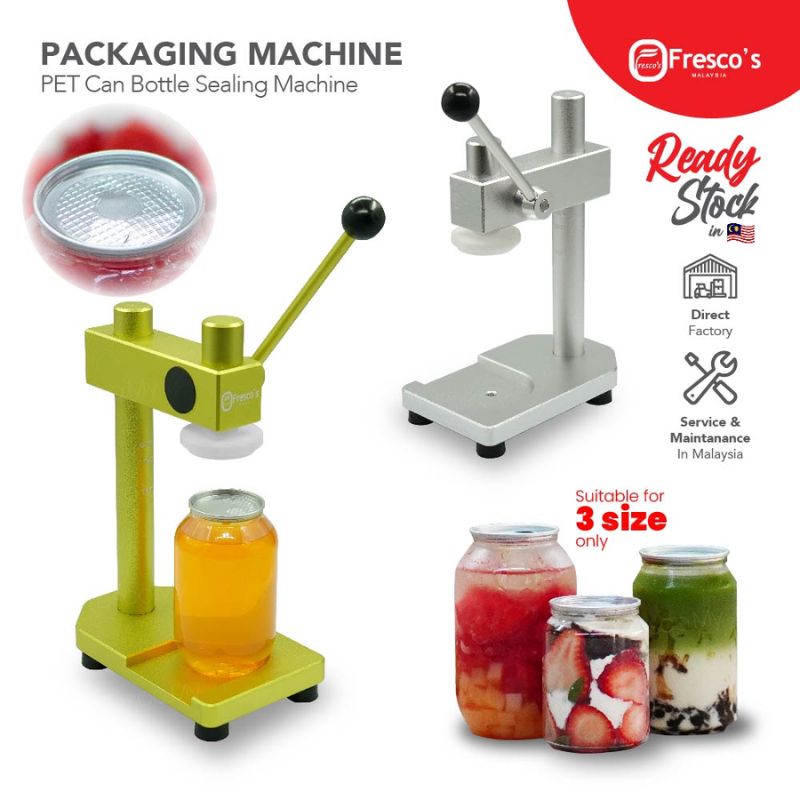 Image shows two PET Can Bottle Sealing Manual Machines—one gold, one silver—with canned drinks and fruits, highlighting their versatile use and compatibility with three jar sizes. Available now for manual sealing needs.