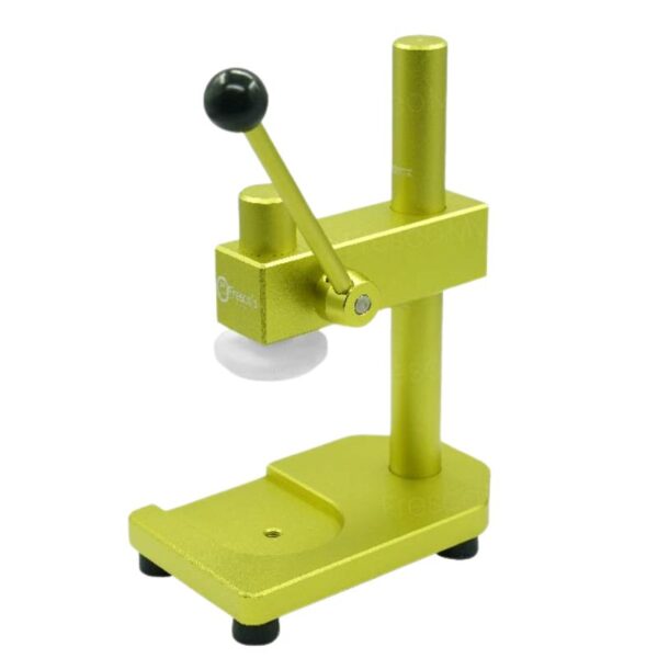 The PET Can Bottle Sealing Manual Machine is a compact gold tabletop sealer with a black handle and flat white pressing surface, perfect for precise PET bottle sealing applications.
