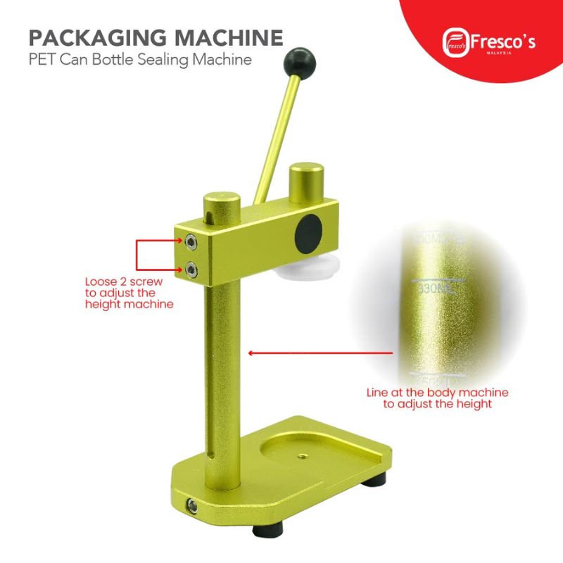 The PET Can Bottle Sealing Manual Machine features a gold finish, lever handle, labeled adjustment screws, and a height adjustment line. Displayed on a white background with the "Fresco's" logo.