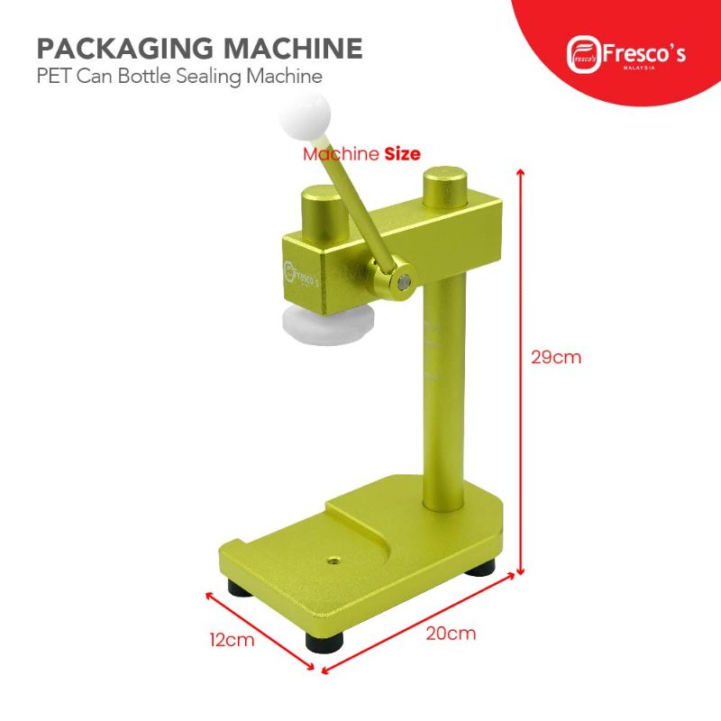 The PET Can Bottle Sealing Manual Machine measures 29 cm tall, 20 cm wide, and 12 cm deep. It features a sturdy handle and clear size labeling, making it an ideal manual sealer for PET can bottles.