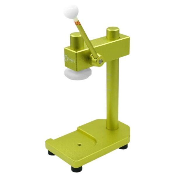 The PET Can Bottle Sealing Manual Machine features a yellow metal build, vertical stand, lever arm, and a flat circular pressing surface.