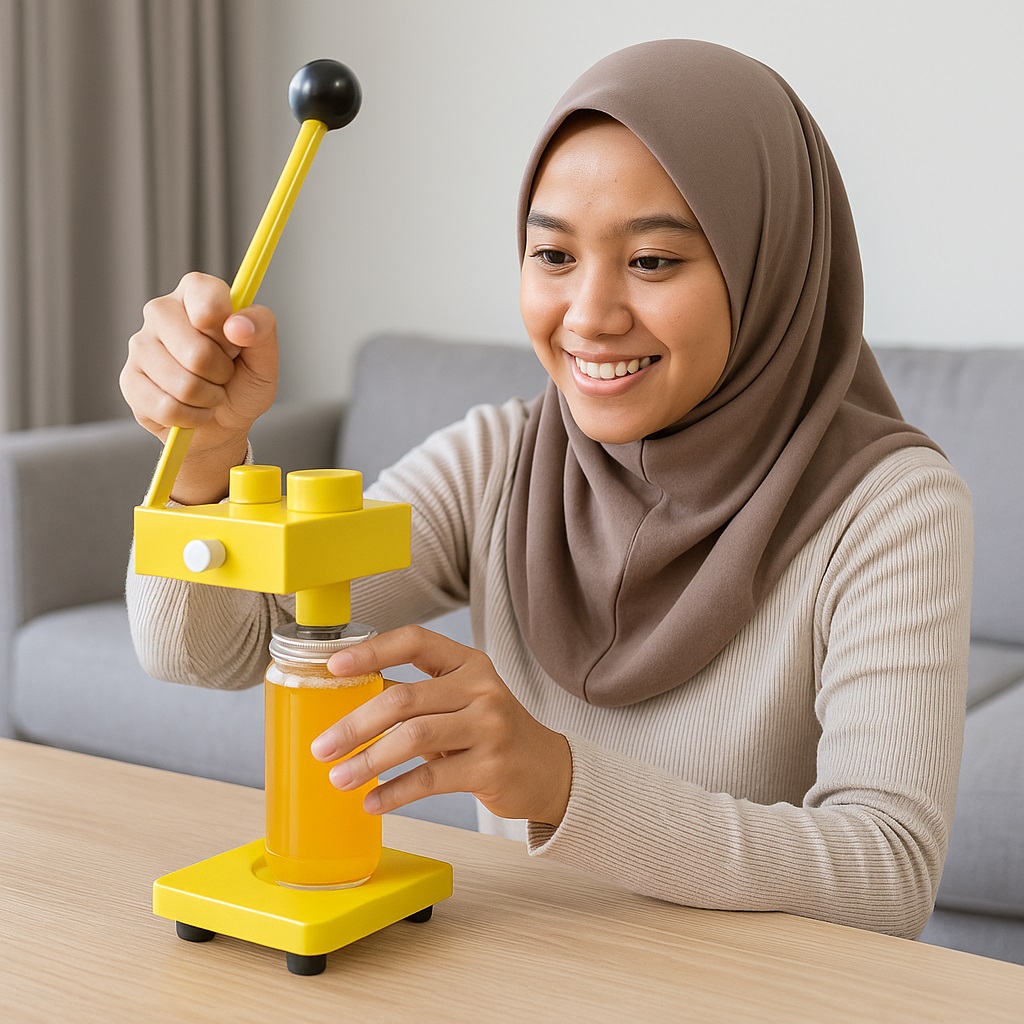 A woman in a brown hijab uses a yellow manual juicer to press juice into a clear glass jar at a table, preparing it for easy can sealing without electricity.