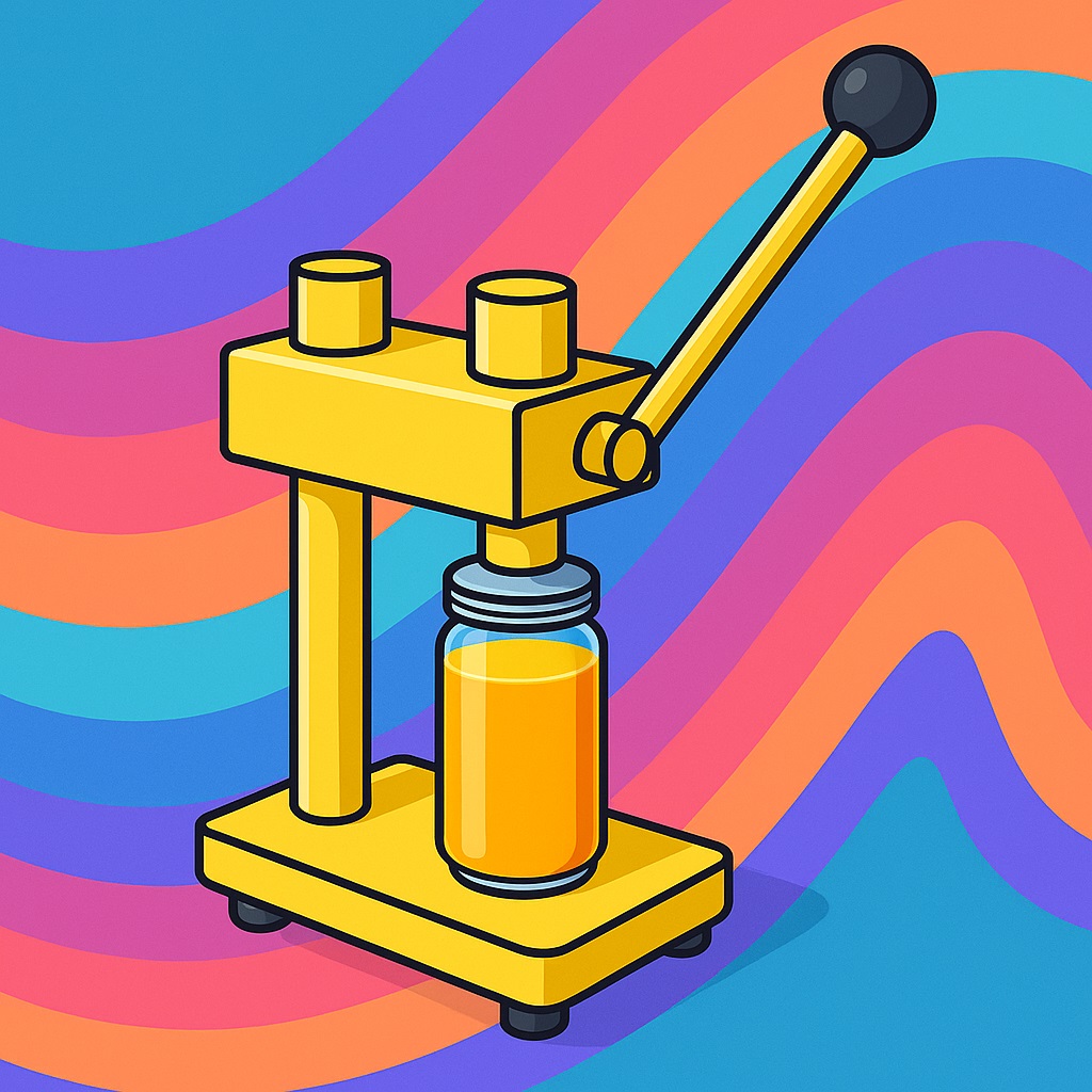 A yellow juice press with a lever squeezes orange liquid into a jar, set against a colorful wavy background—perfect for easy can sealing after juicing.