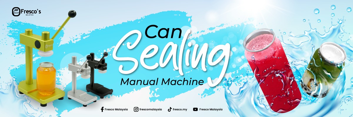 Banner showing manual can sealing machines on the left and sealed beverage cans submerged in water on the right, with text: “Can Sealing Manual Machine” and Fresco's branding.