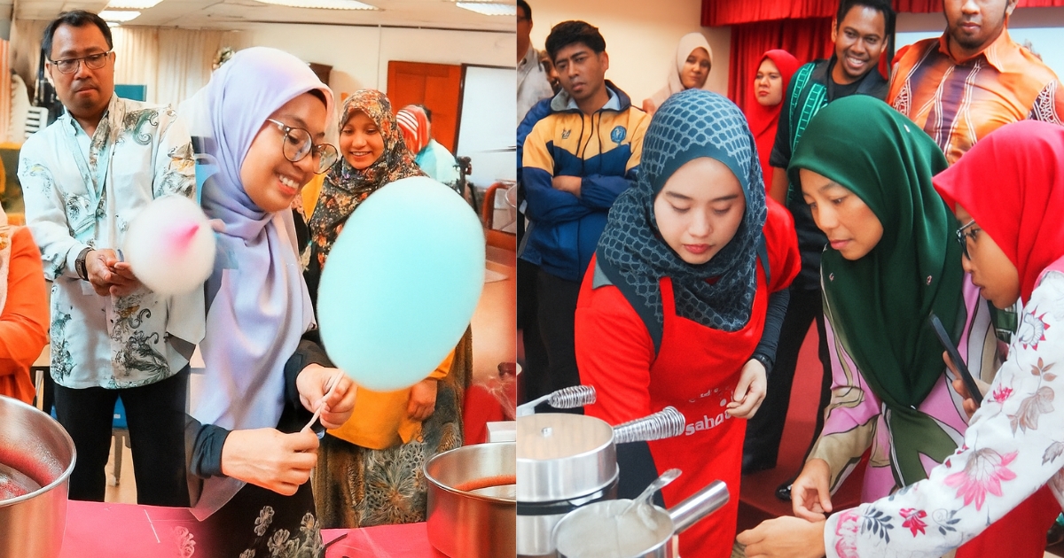 Two photos: On the left, a woman makes cotton candy while others watch. On the right, women gather around a table for a no electricity can sealing demonstration using an easy can sealer.