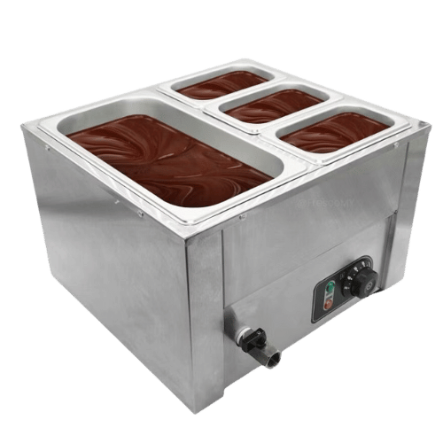 A stainless steel chocolate melter with four compartments filled with melted chocolate and a control knob on the front.